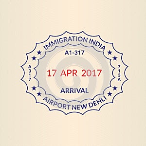 Passport stamp. Visa or immigration seal. India, New Delhi airport stamp. Vector illustration